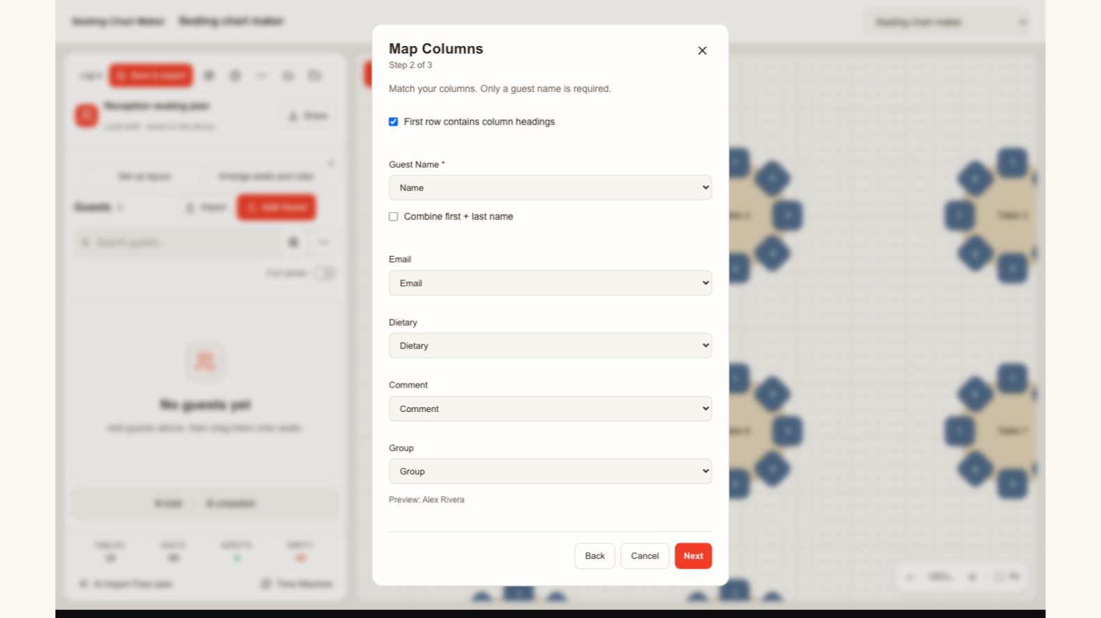 Actual guest import dialog mapping name, email, dietary information, notes and groups