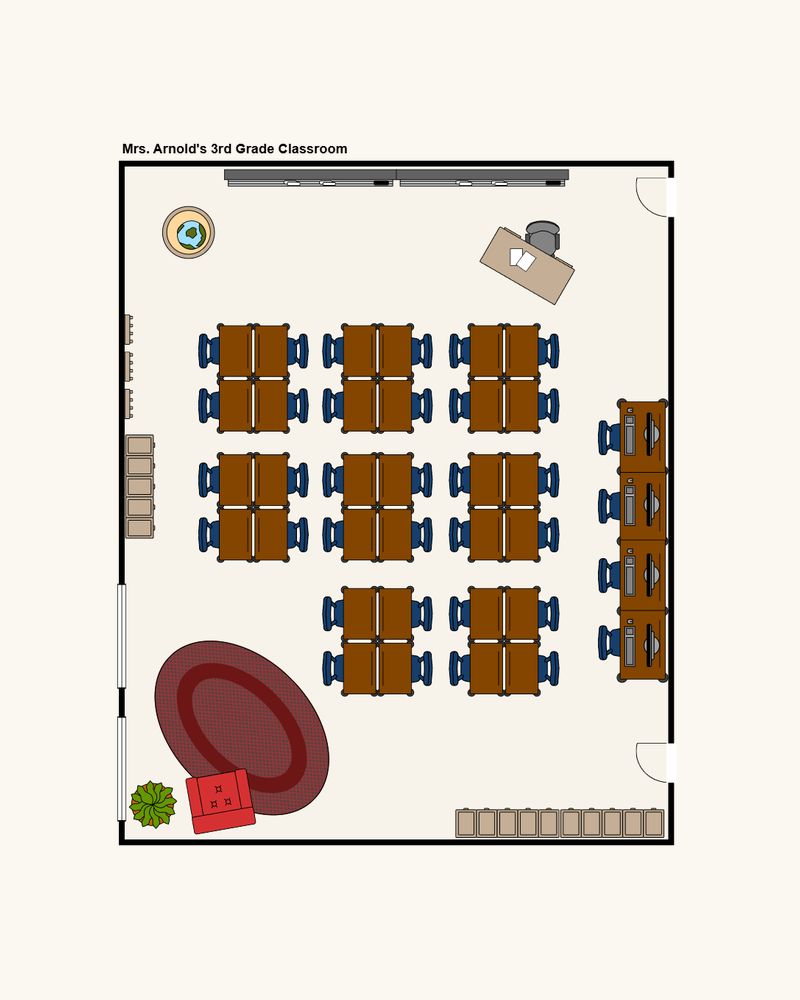 Classroom plan with grouped student tables, storage and a separate reading area