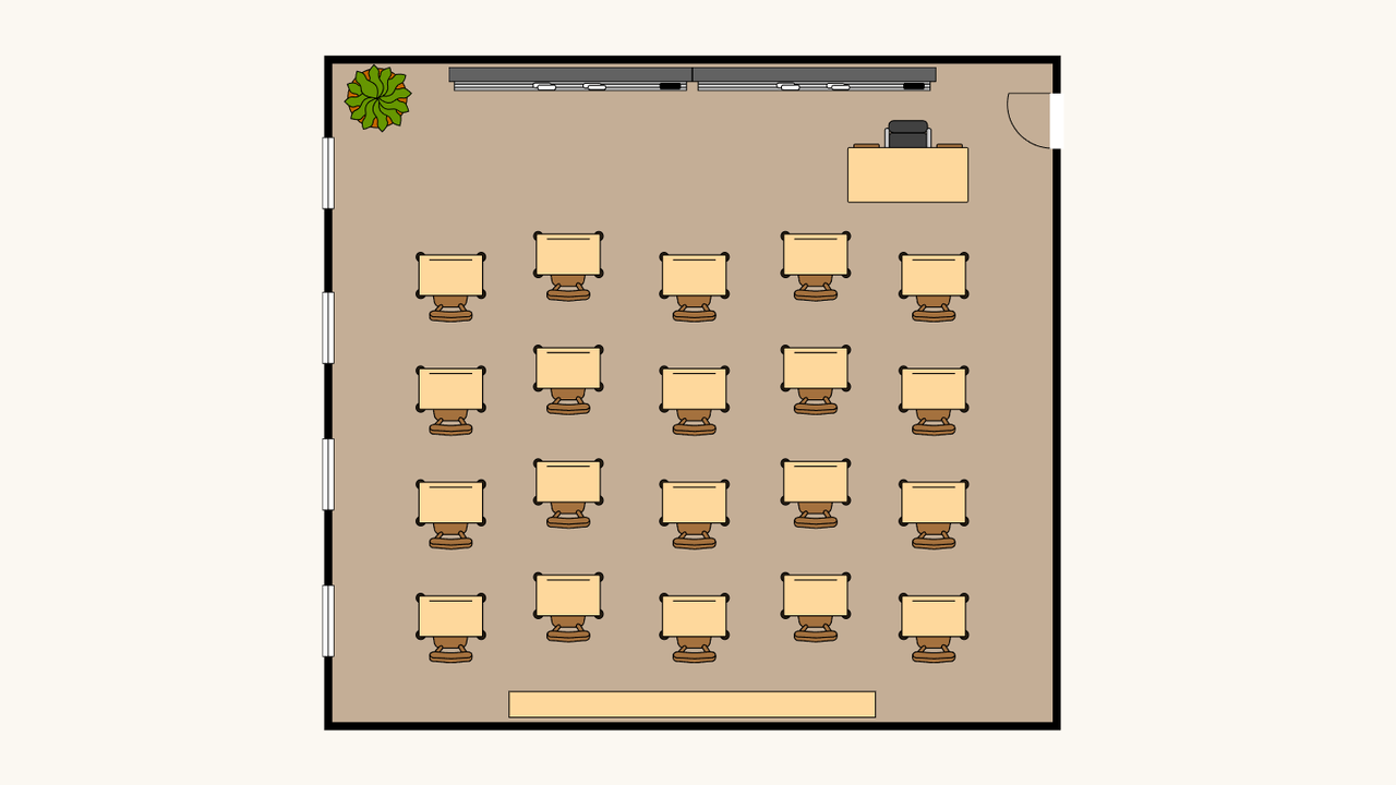 Classroom floor plan with four rows of individual desks facing the teacher area