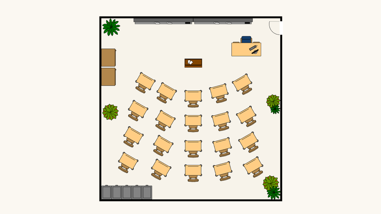 Classroom seating arrangement with individual desks turned toward the teaching area