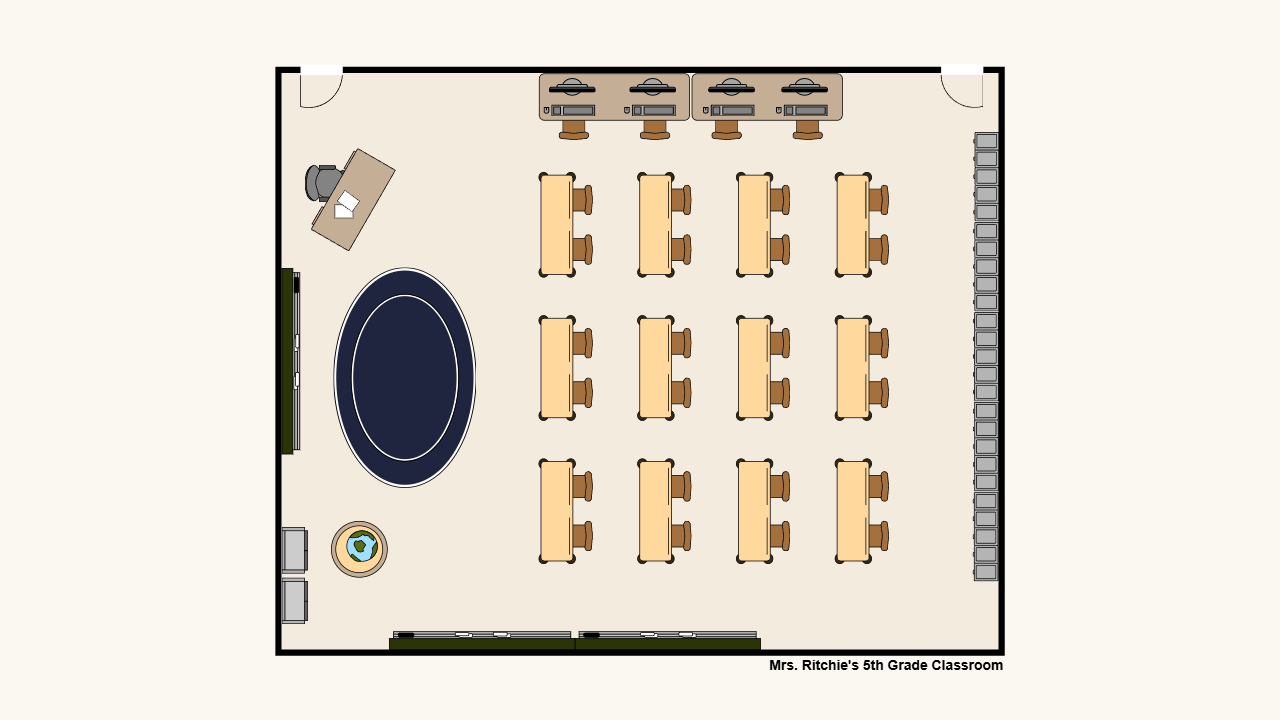 Classroom floor layout with grouped student tables and a separate teaching area